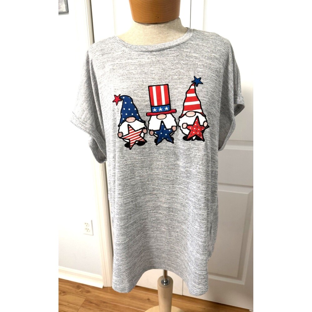 My Danielle Sz XL Patriotic Gnomes Graphic Tee Fourth of July Top Gray Patriotic